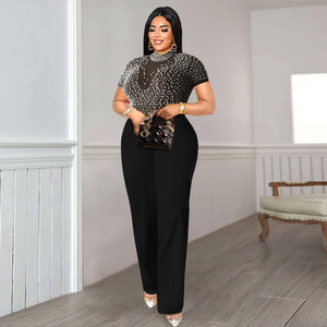 Casual Style High Waist Flattering Round-neck Short Sleeve Beaded Jumpsuit