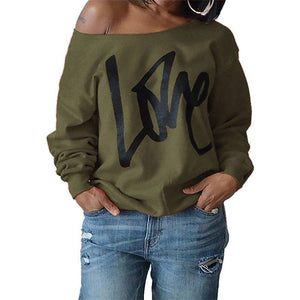 Autumn Women's Letter Love Print Sexy Leaky Off Shoulder Long Sleeve  Purple Green Yellow Tees Sweat Shirt Tops