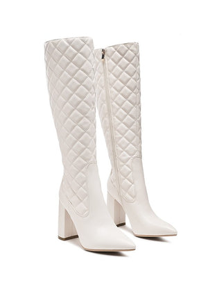 Quilt Knee Figh Block Heeled Boots