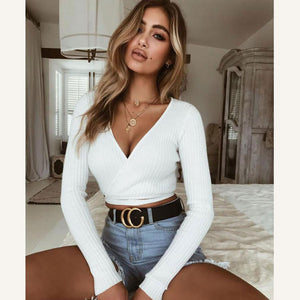 Sexy Women Ladies Summer Slim Crop Tops Long Sleeve T Shirt Casual Solid V Neck Knitted Short Tops