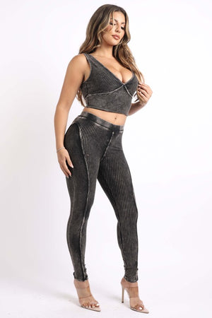 Plus Size Mineral Washed Crop Top And Leggings Set