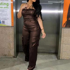 Off-the-shoulder Tube Top Tight-fitting Cinched PU Leather Jumpsuit