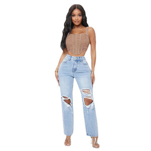 Women's Fashionable High Waist Washed Jeans