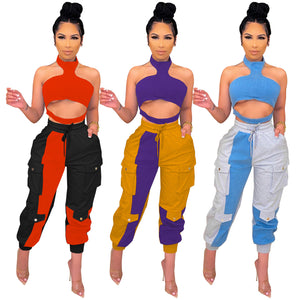 European And American Women's Hanging Neck Tube Top Stitching Contrast Color Drawstring 2-piece Set