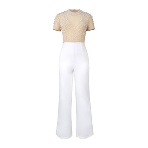 Casual Style High Waist Flattering Round-neck Short Sleeve Beaded Jumpsuit